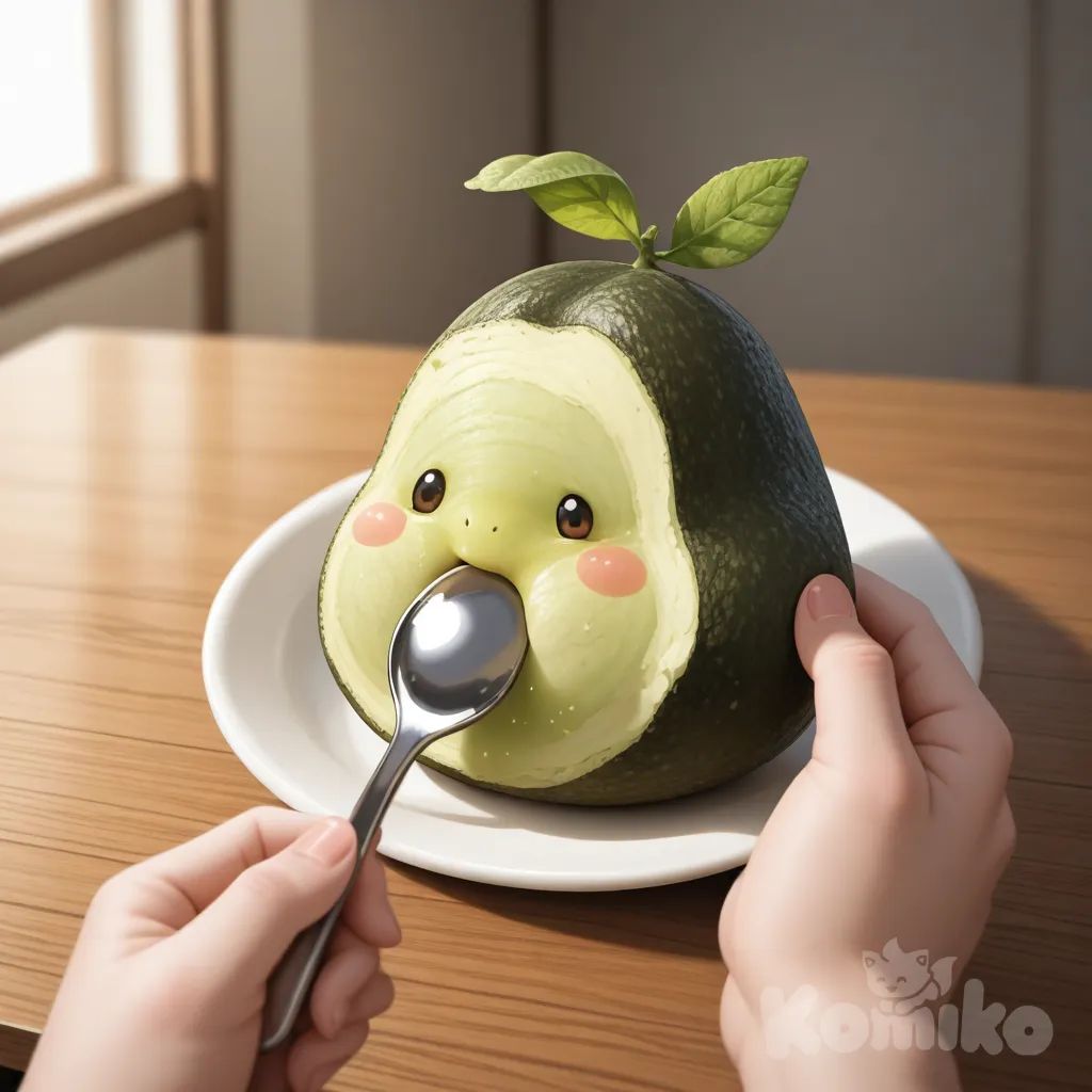 Ultra-realistic cinematic video, 9:16.
A cute avocado baby character with smooth, glossy green skin, a round glowing pit for a belly, and tiny avocado sprout leaves embedded in its hair sits on a wooden table.

A young adult woman gently feeds it with a spoon of creamy avocado puree. The baby opens its mouth, eats from the spoon, chews, and swallows happily. Its big shiny eyes sparkle, cheeks glow with joy, and tiny hands move excitedly while eating.

Smooth natural lighting, shallow depth of field, hyper-realistic avocado textures, cinematic focus on the intimate feeding interaction, digital painting style.