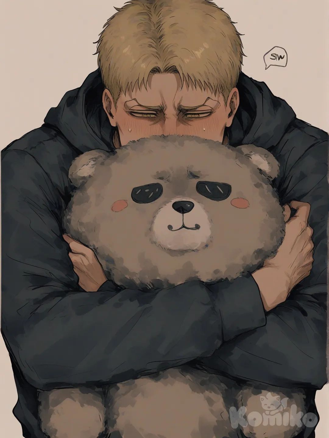 Reiner Braun, shingeki no kyojin,[sweet-painting-style], hugging a stuffed animal, hoodie, upper body,1man