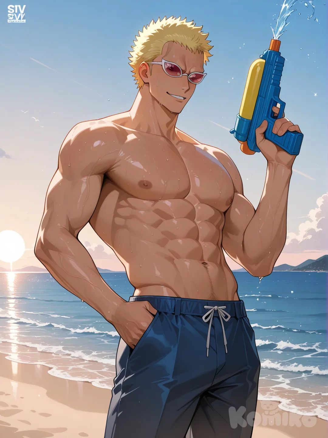 Donquixote Doflamingo, [glossy-anime-style], sunglasses, holding water gun, shirtless, pants, beach, cinematic lighting, 1boy