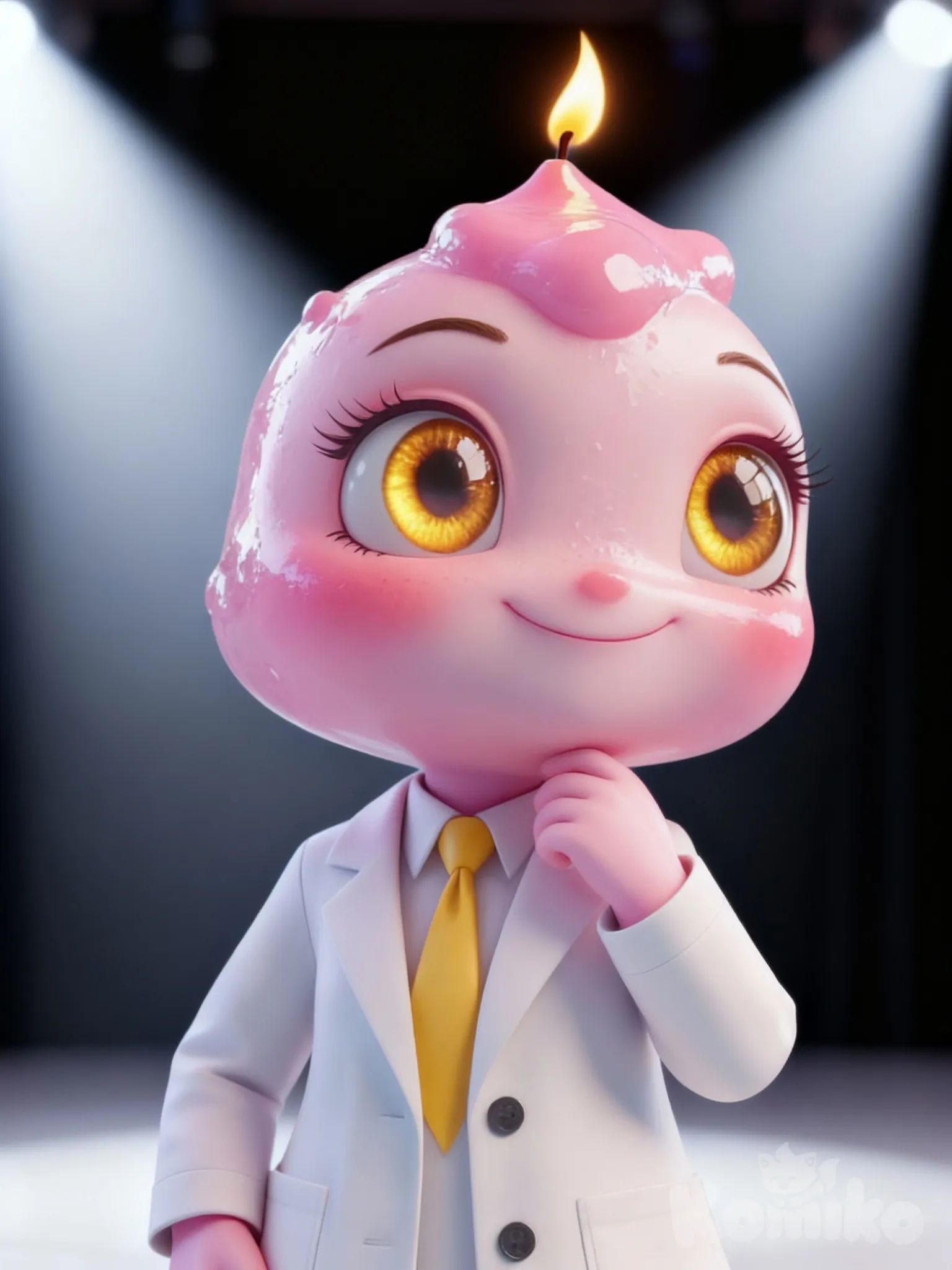 @lumi-uSu6, head tilt, white lab coat, white shirt, yellow tie, closeup, looking away, stage light, clean background