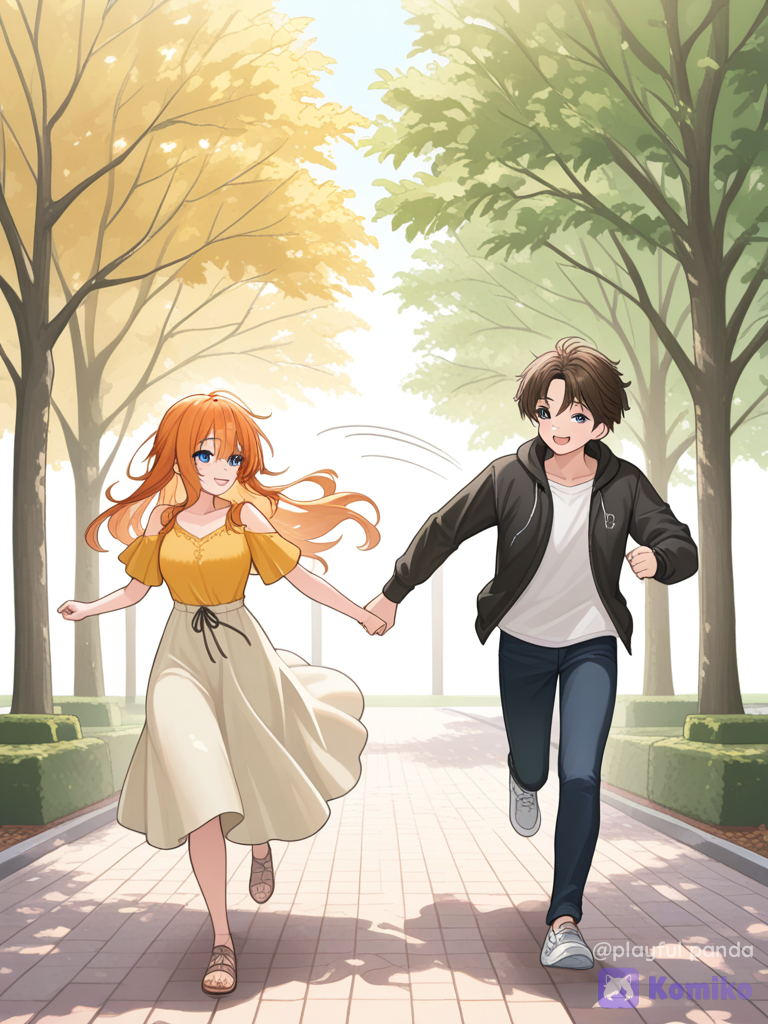 Girl and boy run in park