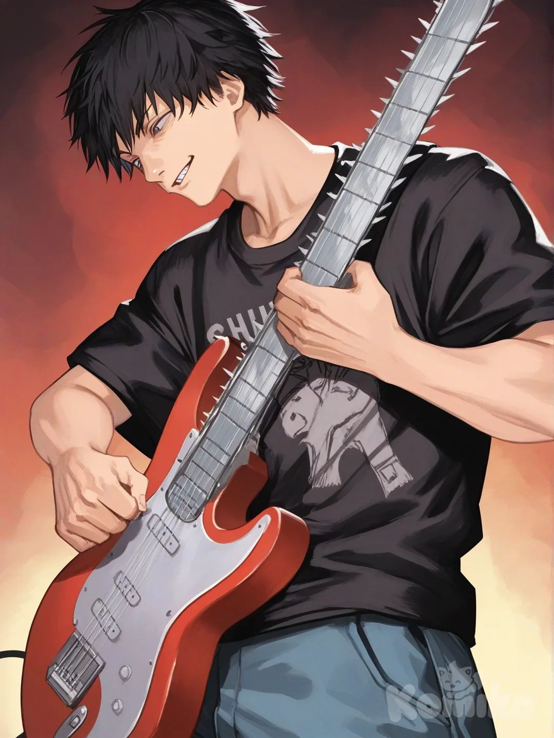 @Denji_(Chainsaw_Man), band shirt, baggy clothes, black hair, charcoal black, smirk, playing guitar, [serious-man-style]