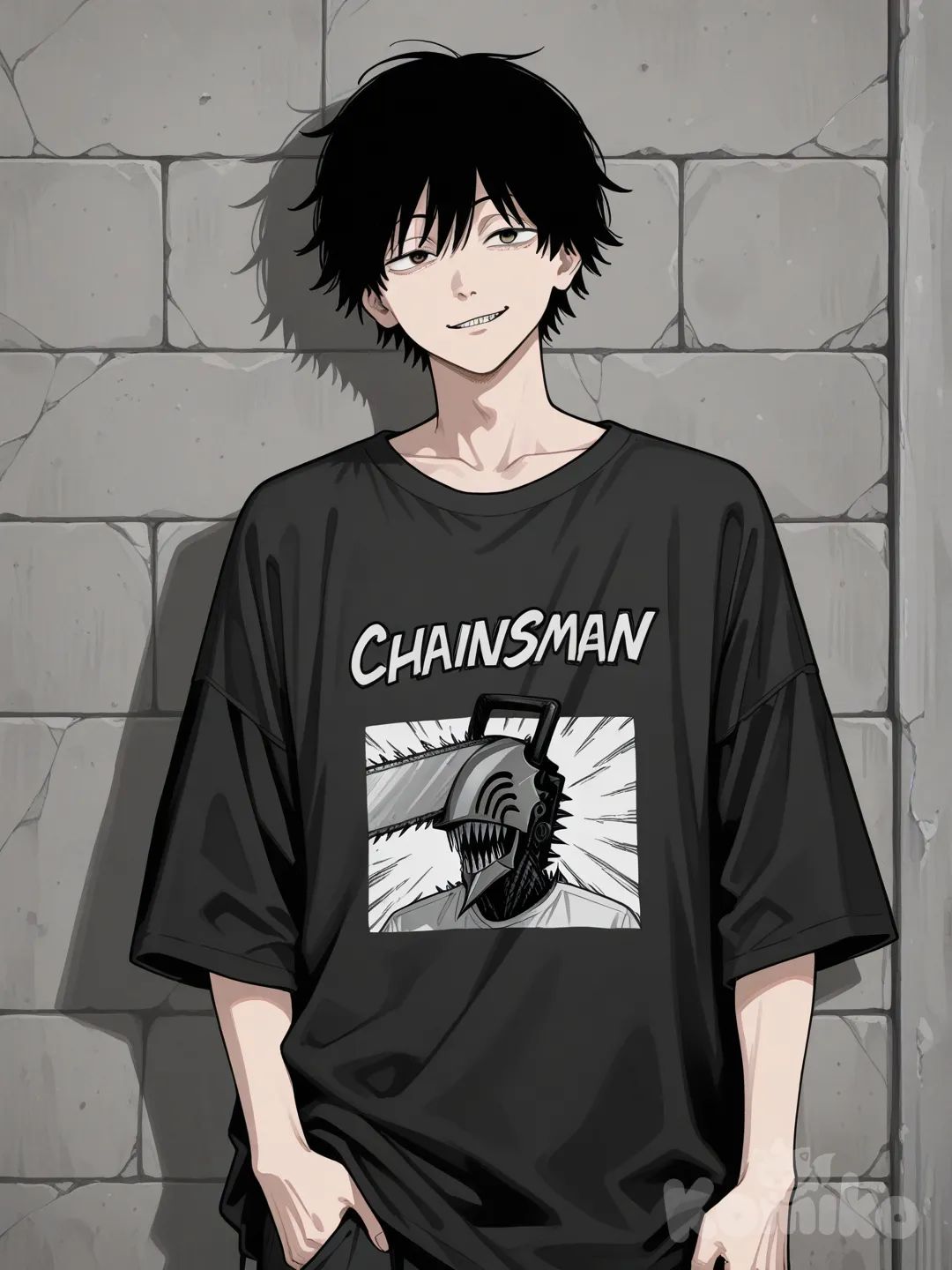 @Denji_(Chainsaw_Man), band shirt, baggy clothes, black hair, charcoal black, holding sign, smirk