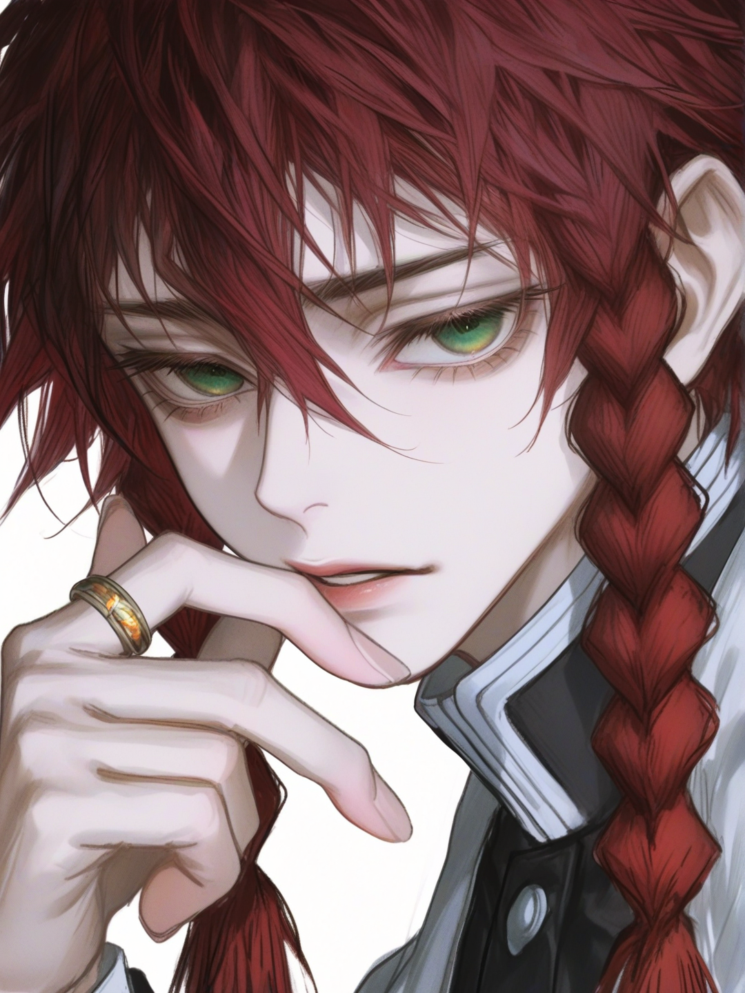 [semi-realistic-portrait-style] 1boy, dark red hair, braid, gold ring on pinky finger, teenage boy, slim build, lean, green eyes, eye bags, pale skin, demon slayer uniform, single character, full body, looking at viewer, anime style, simple background, white background