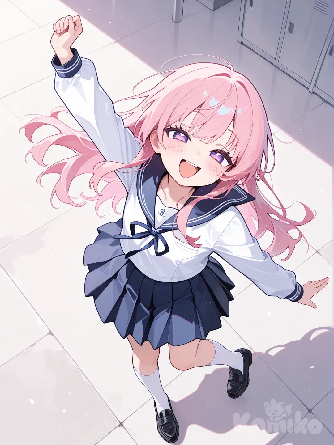 Uma mulher de cabelos rosa , dancing, laughing, school uniform, knee-high socks, full body, bird's-eye view