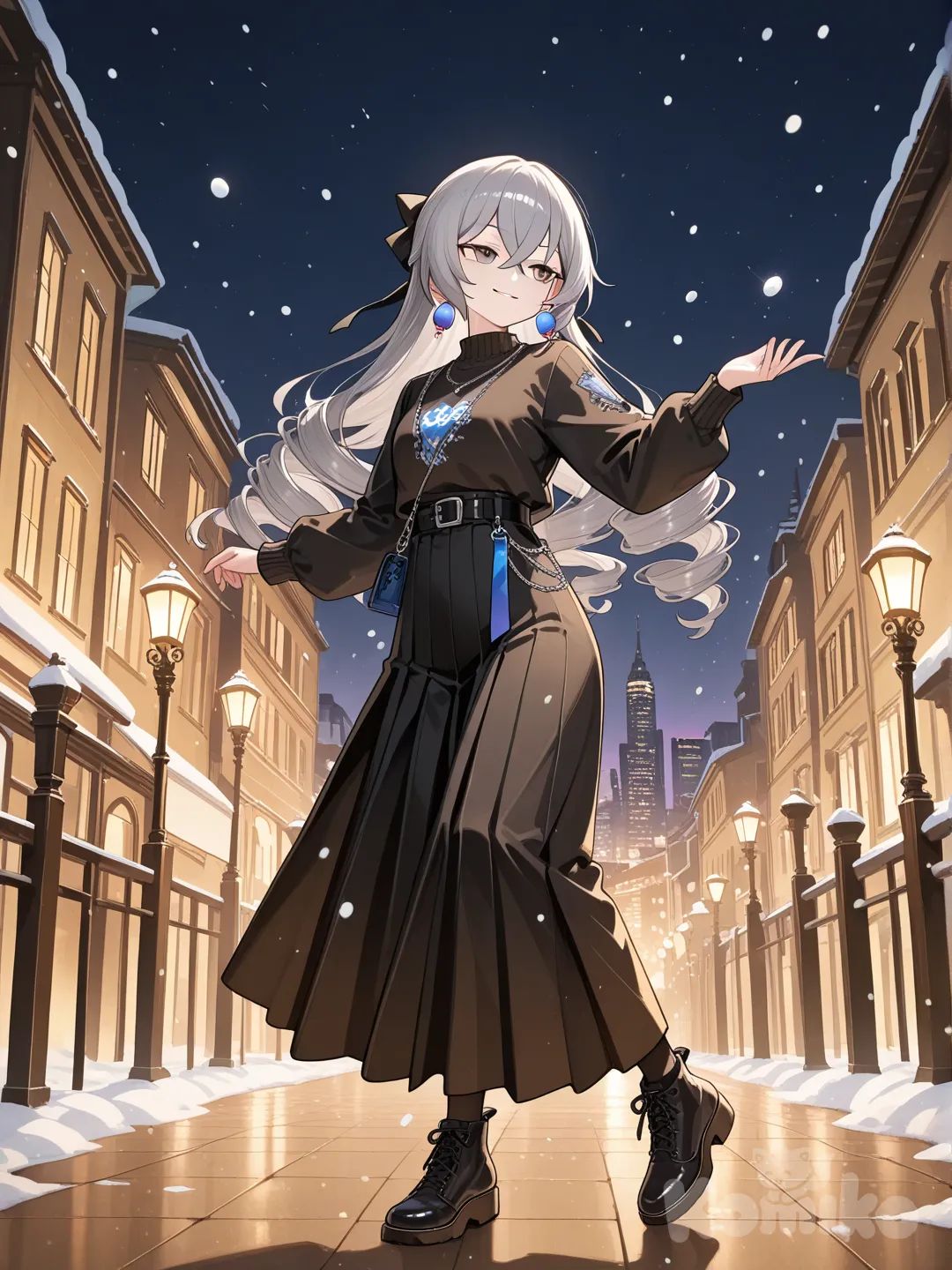 @Bronya_Zaychik , dancing, smirk, full body, looking away, city lights, snowy