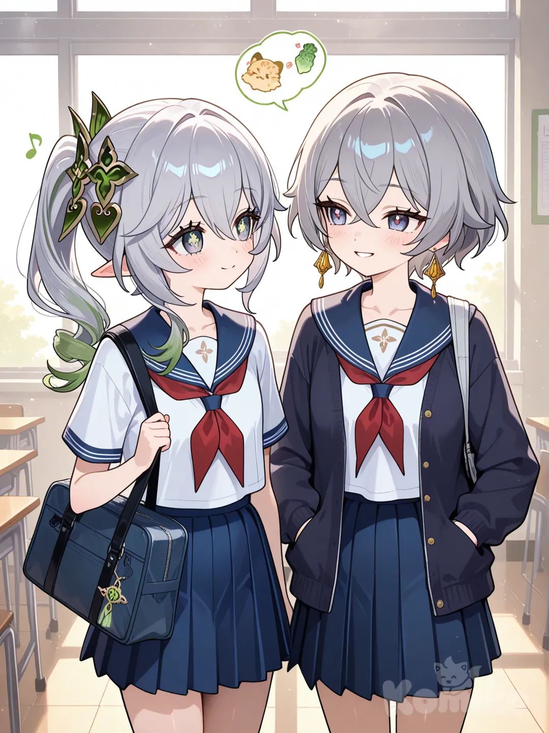 2girls, @Nahida_(Genshin_Impact)@Bronya_Zaychik amigas da escola , school uniform