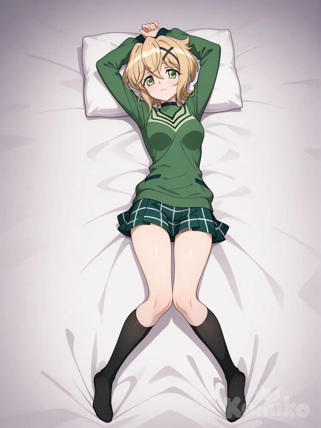 Akatsuki Kirika(senki zesshou symphogear),gear inner, full body, on back, arms up, senki zesshou symphogear style