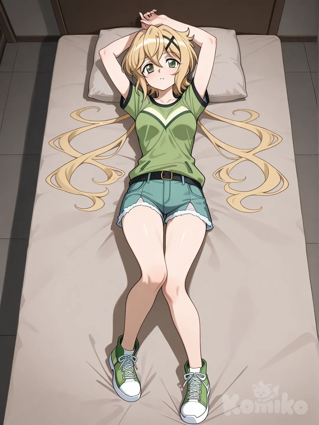 Akatsuki Kirika(senki zesshou symphogear),gear inner, full body, on back, arms up, senki zesshou symphogear style