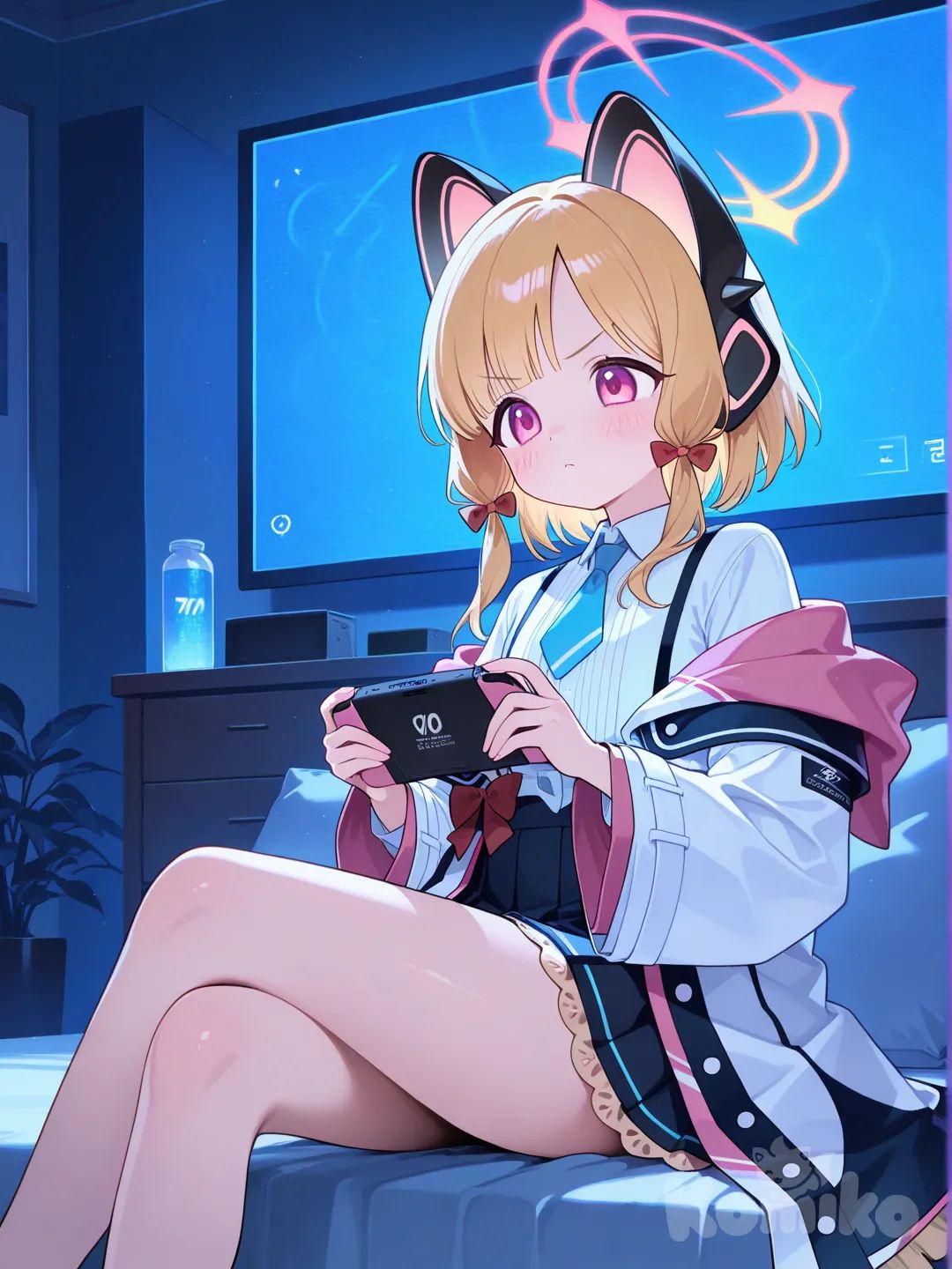 momoi (blue archive), sitting on bed, play electron game
