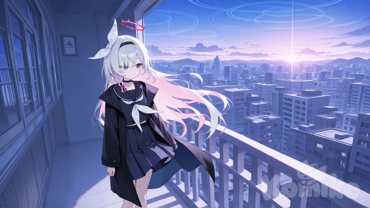 plana (blue archive), in balcony,standing,look at the air