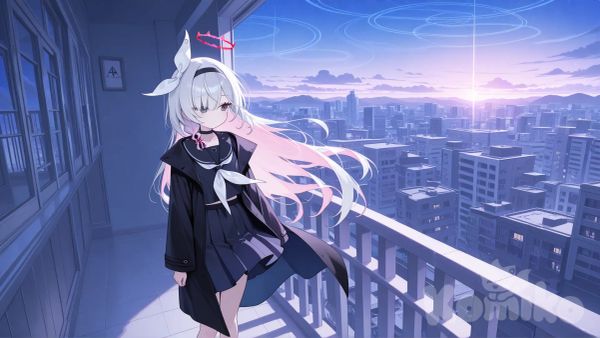 plana (blue archive), in balcony,standing,look at the air