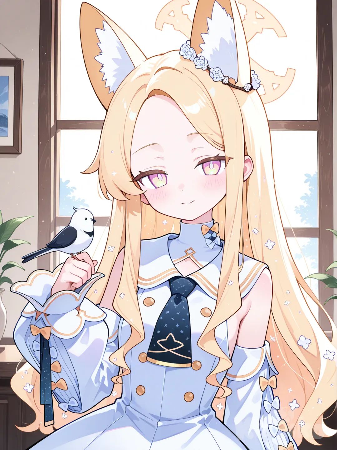 seia (blue archive), bird on head, bird on hand, bird on shoulder