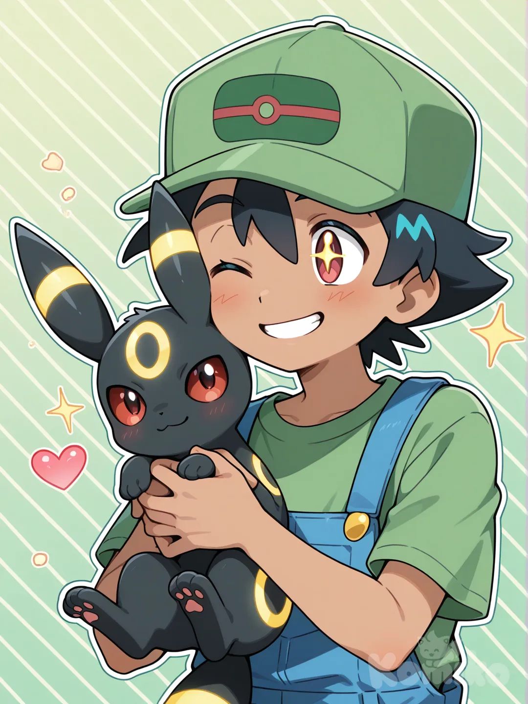 Perfecto 👌 Aquí tienes una descripción detallada de cómo sería la ilustración en estilo anime de Pokémon, tomando como base la imagen que me mostraste:


---

🌿 Descripción de la ilustración (versión anime de Pokémon):

El fondo es un verde brillante con un degradado suave, típico de las escenas soleadas del anime.
A la derecha, aparece el chico con una estética inspirada en Luigi, pero redibujado con el estilo del anime de Pokémon: su rostro es más detallado y expresivo, con ojos grandes y brillantes, contorno fino y cabello negro con reflejos azulados. Su gorra verde y su ropa (camisa verde, overol azul con botones amarillos) tienen textura de tela y sombreado suave, como en las temporadas de Pokémon Sol y Luna.

El chico sonríe ampliamente y hace el signo de paz con la mano derecha. La mano está bien proporcionada y con el estilo redondeado de Pokémon Journeys.

A la izquierda, Umbreon aparece con un pelaje liso y brillante, con tonos de gris oscuro y las franjas amarillas ligeramente resplandecientes. Tiene una expresión tierna y amistosa, mientras cierra un ojo en un guiño y sujeta el dedo del chico con una de sus patas delanteras. Sus ojos rojos tienen reflejos de luz y un pequeño destello blanco, dándole un toque vivaz.

Entre ambos personajes hay un par de corazones pequeños y brillantes flotando, con un brillo suave, mostrando su amistad.

El estilo general mezcla líneas limpias, sombreados cel-shading y una iluminación cálida, como si estuvieran bajo el sol de la región Alola.


---

¿Quieres que te deje lista una versión de prompt para que la imagen se genere automáticamente cuando se reinicie tu límite? Así la puedes usar apenas esté disponible.
