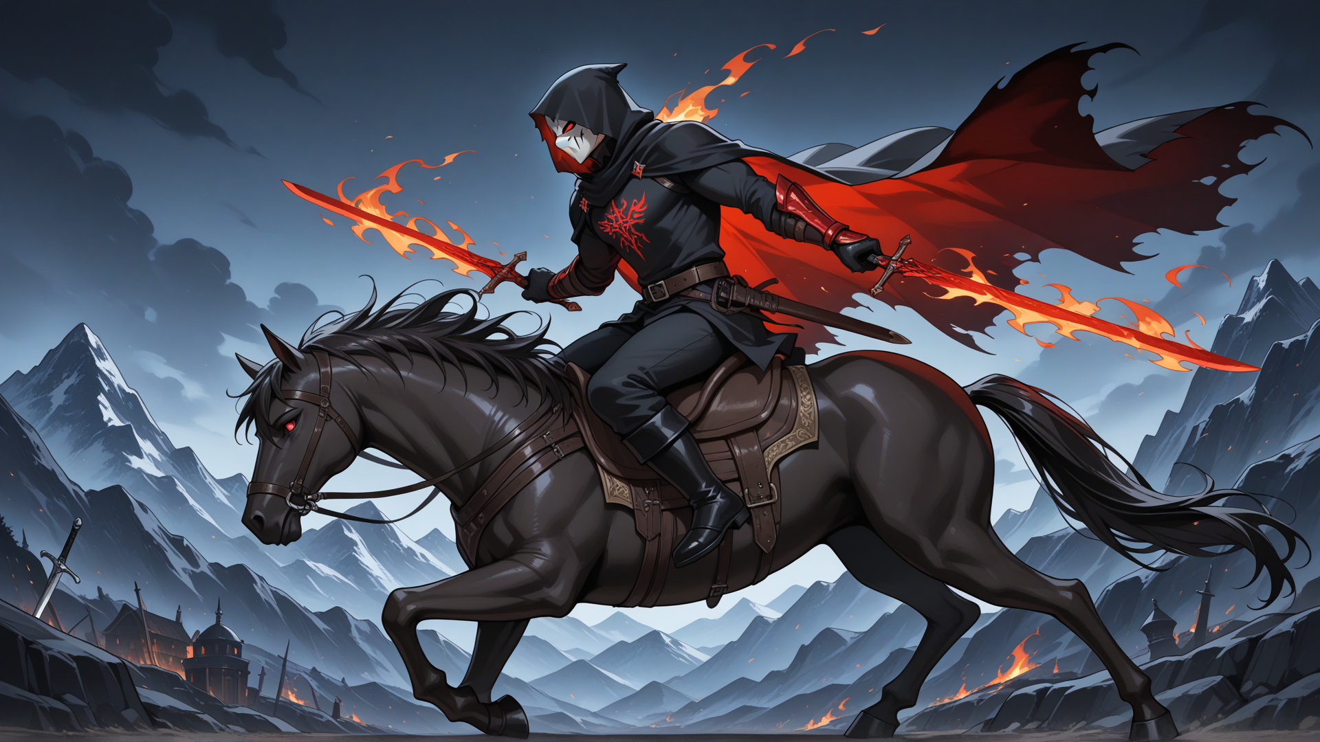 @dis-1BWm 

Show Dis riding his nightmarish, black horse that has glowing red eyes. Its body is cloaked in flames and shadow.

Dis is holding his short swords, one in eaxh hand. The swords are glowing a flame color and cloaked in flame and shadow.

Make the background an evil, dark fortress in the mountains.