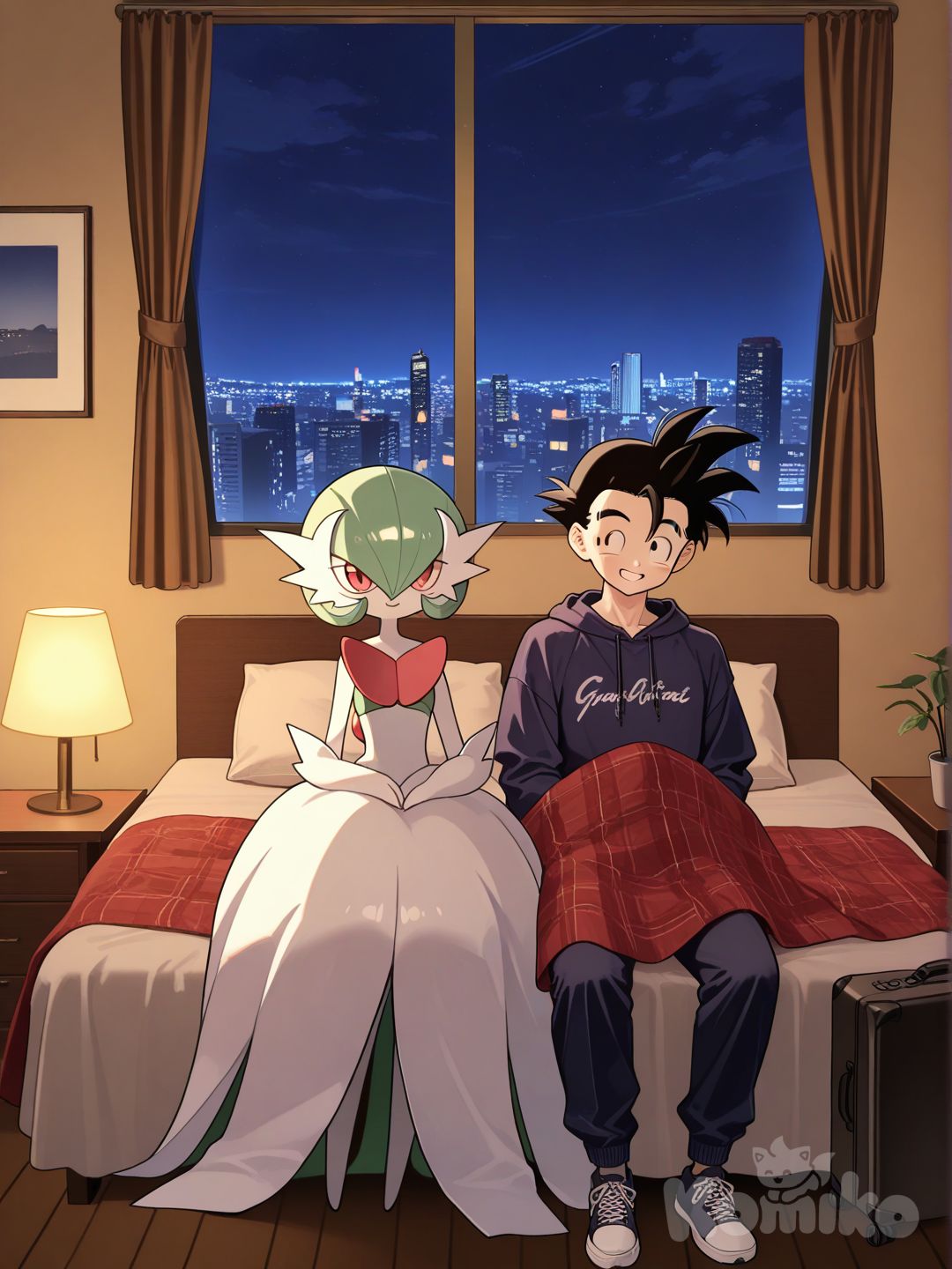 Gohan y Mega Gardevoir se relajan en el hotel en vacaciones 