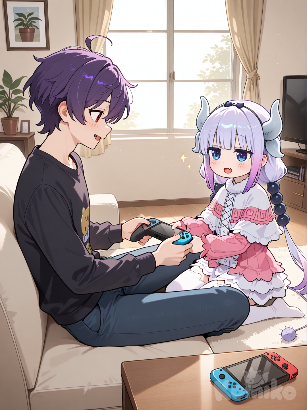 Kanna jugando Nintendo Switch con un amigo