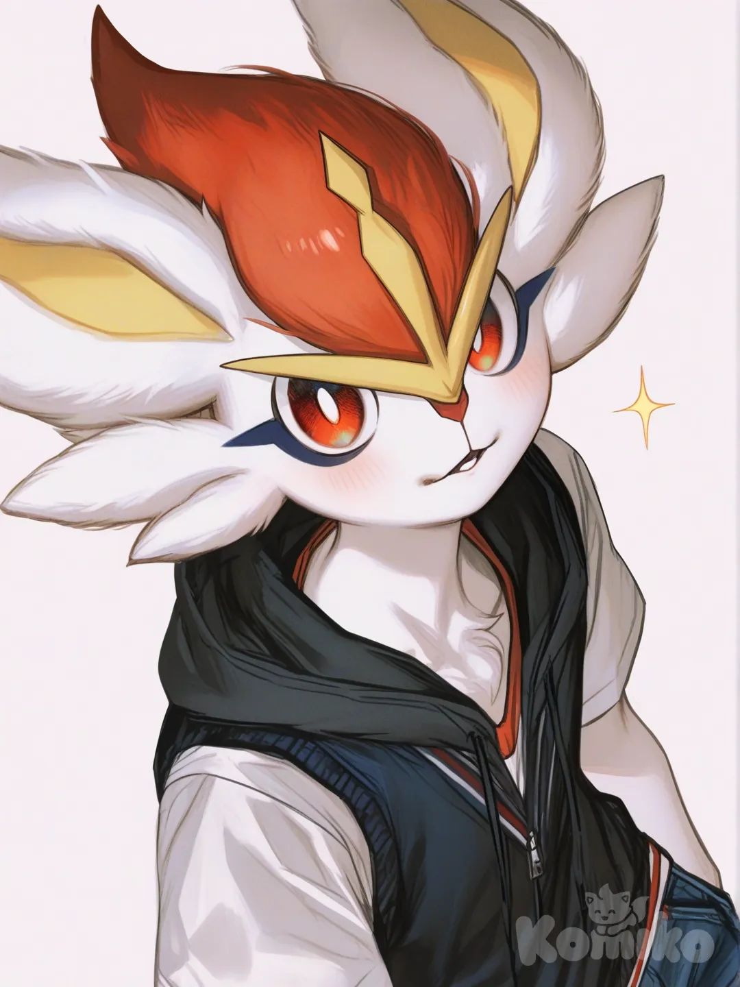 [semi-realistic-portrait-style] 1boy, cinderace_(pokemon), blue_eyes, teenager, mature, hoodie, school_vest, casual_pants, school_uniform, single_character, full_body, looking_at_viewer, anime_style, simple_background, white_background