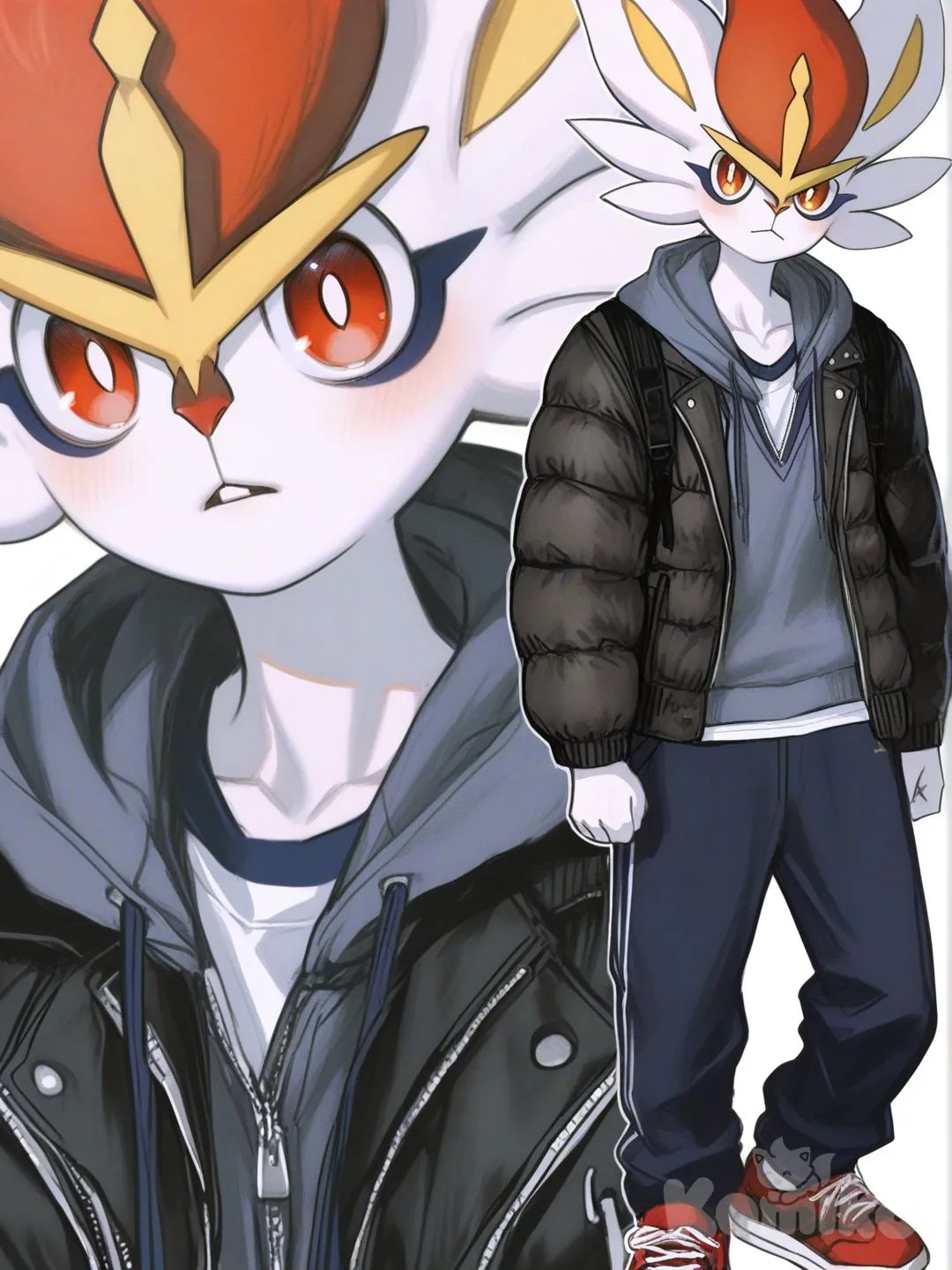 [semi-realistic-portrait-style] 1boy, cinderace_(pokemon), slim, tall, blue_eyes, school_vest, hoodie, t-shirt, casual_pants, down_jacket, school_uniform, single character, full body, looking at viewer, anime style, simple background, white background