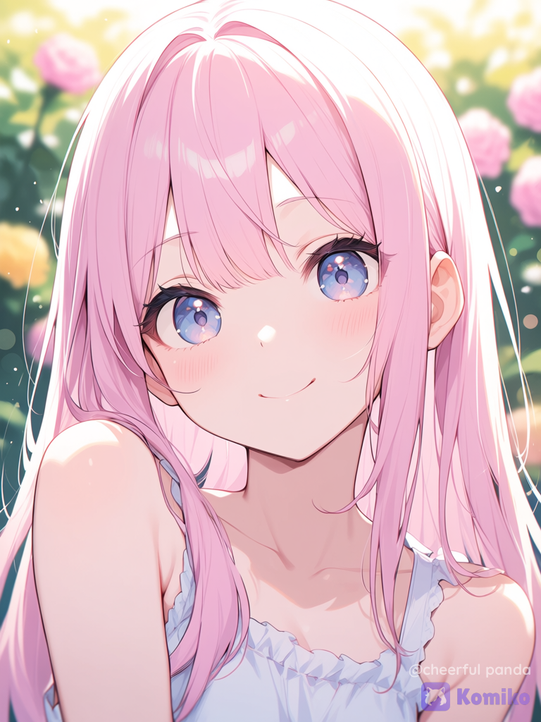 masterpiece, best quality, cute anime girl, pastel pink hair, smiling, floral background, soft studio lighting, highly detailed