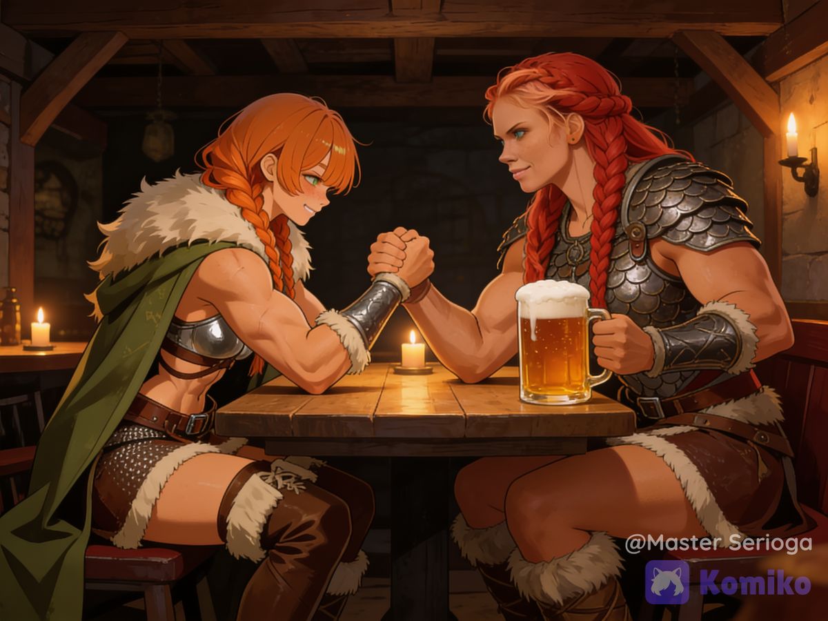 Sigrid and Helga Arm Wrestling (Retro Anime Style)