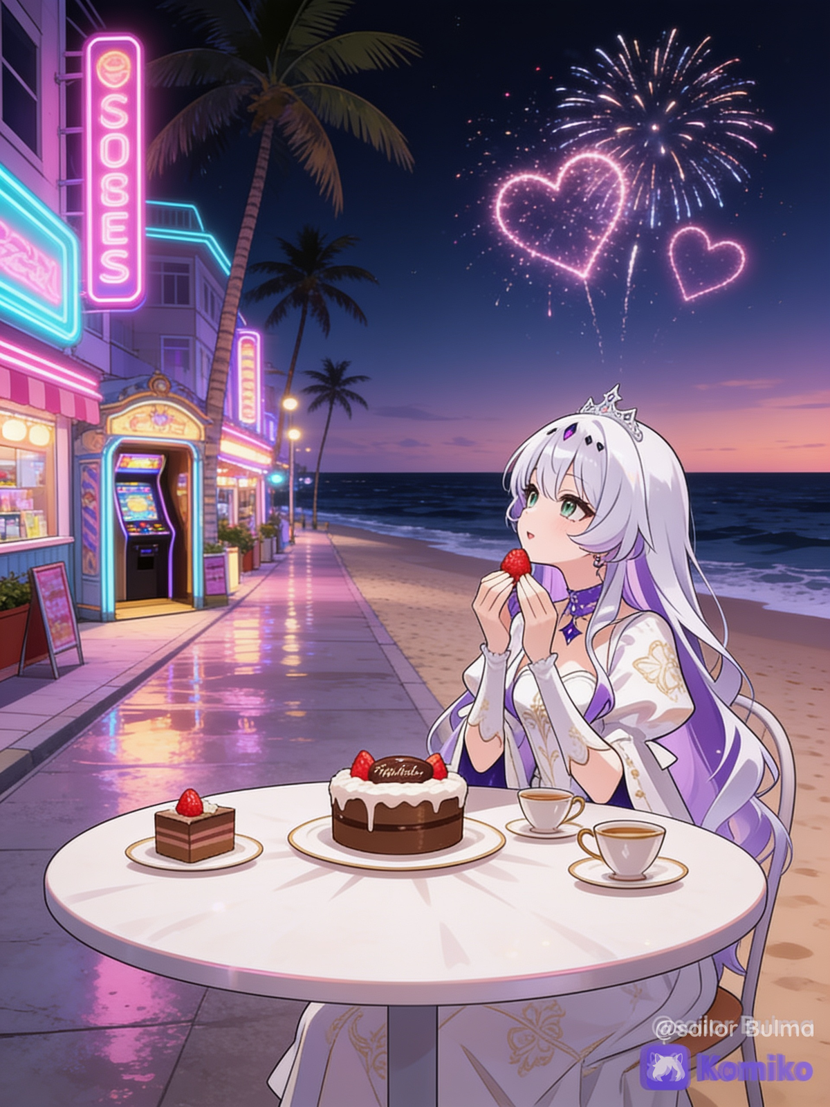 La princesse gourmande regarde un feu d'artifice