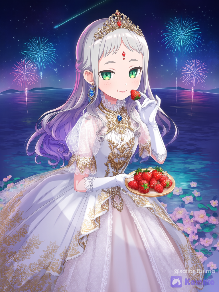 La princesse gourmande regarde un feu d'artifice