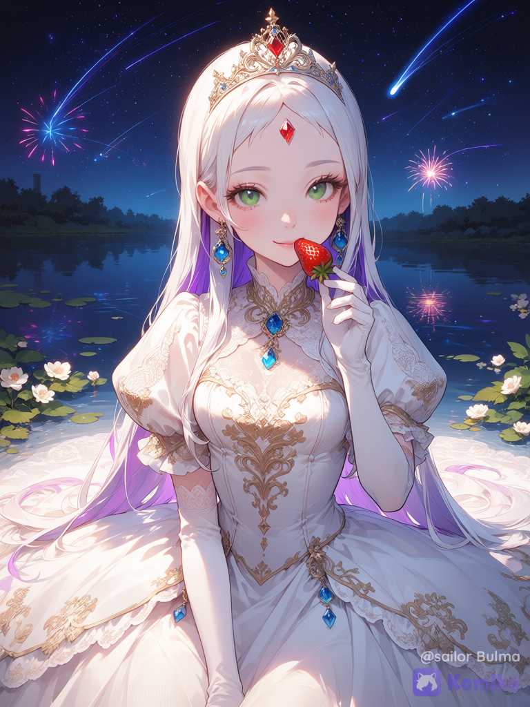 La princesse gourmande regarde un feu d'artifice