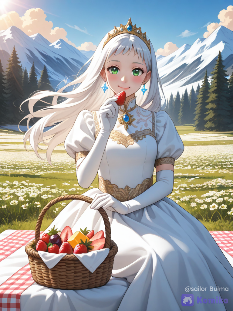La princesse gourmande mange des fraises au pique-nique