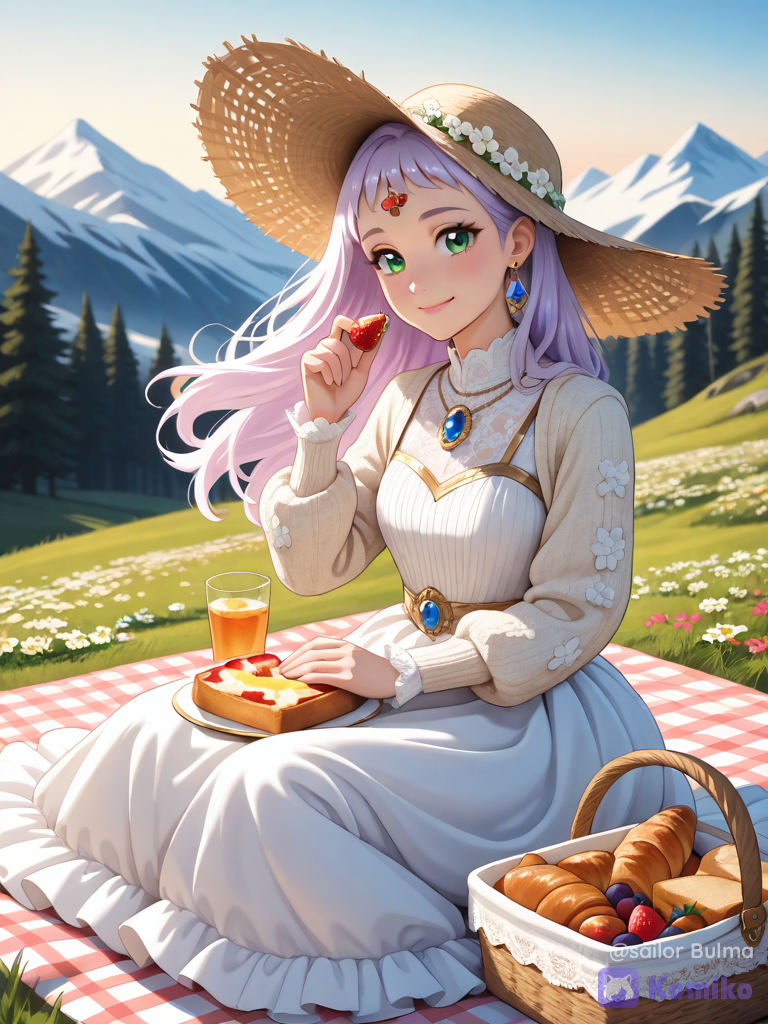 La princesse gourmande fait un pique-nique à la montagne