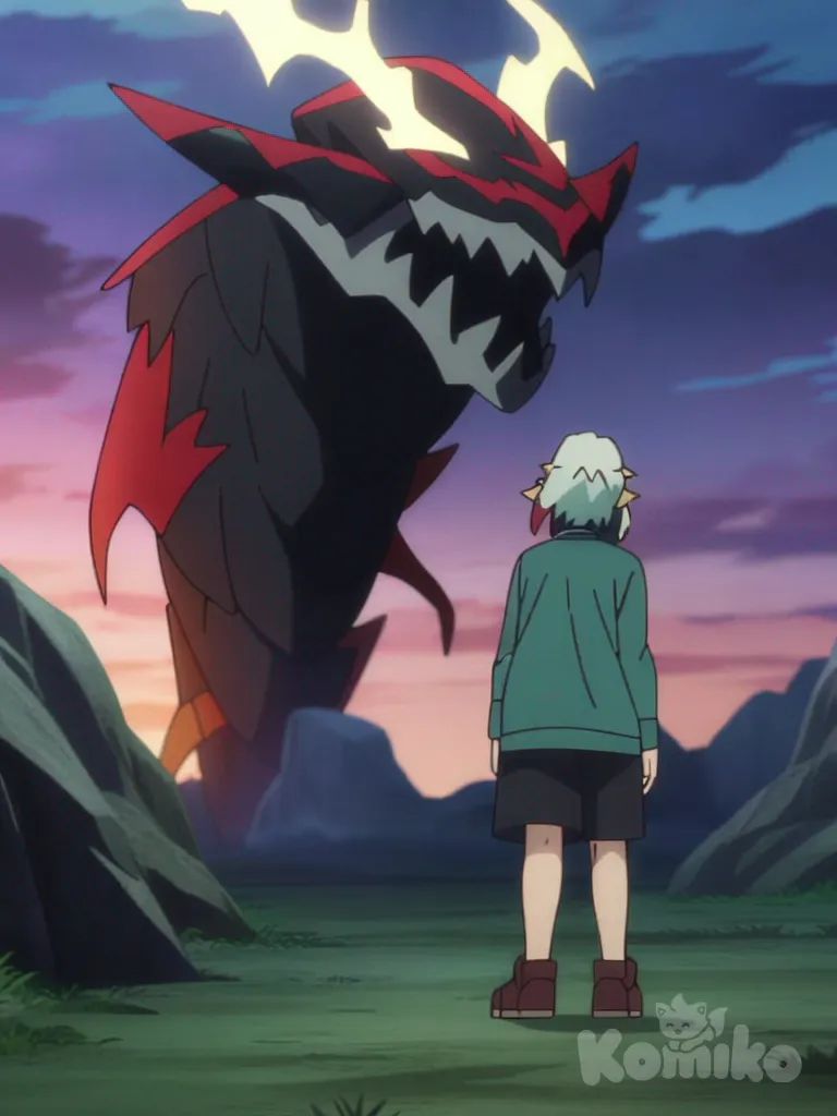 Giratina, anime screencap, anime coloring, looking back, evil smile, full body, cave, night, twilight