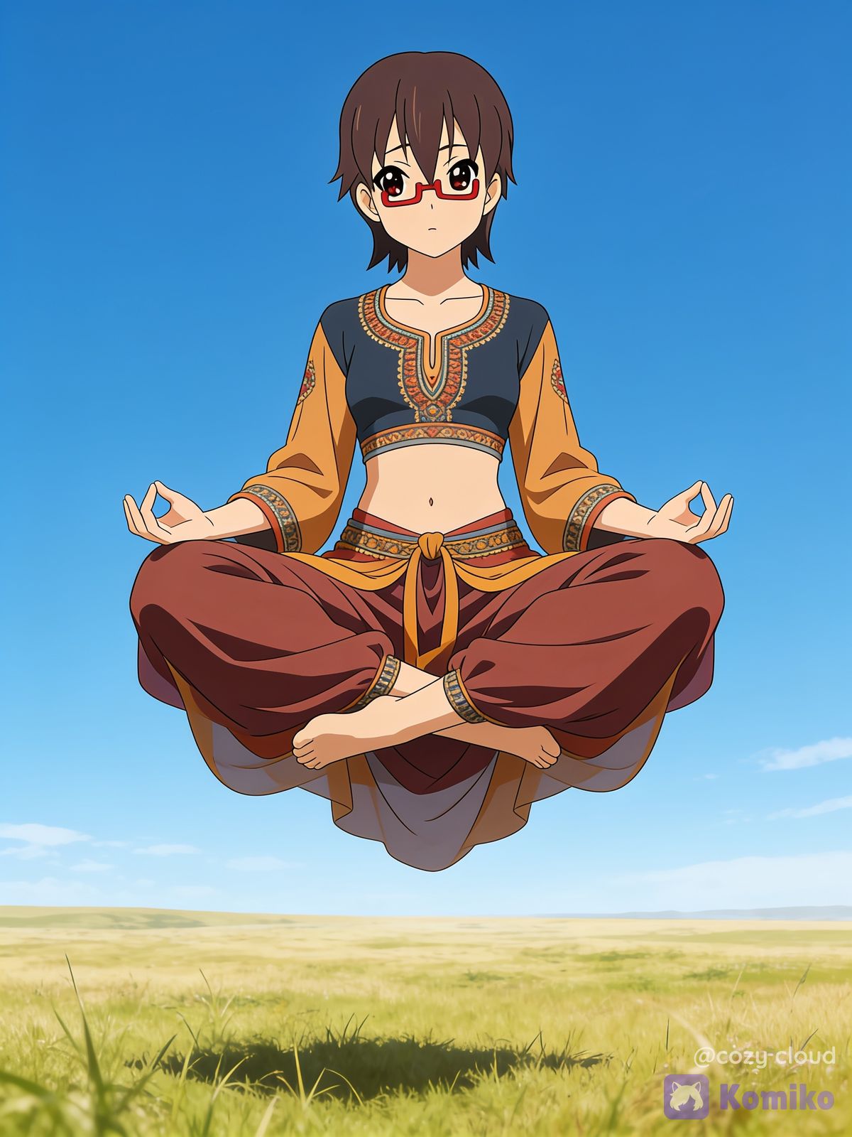 Manabe Nodoka 1girl Floating, Indian Style Sitting