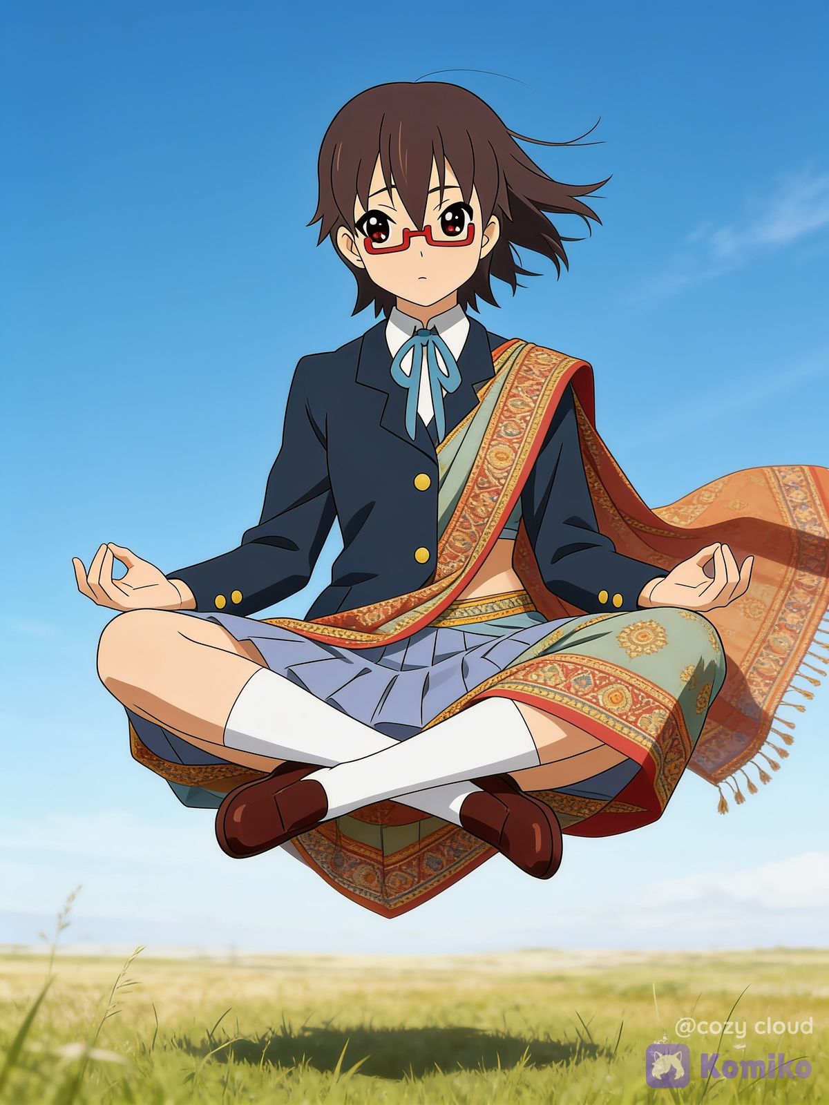 Manabe Nodoka 1girl Floating, Indian Style Sitting