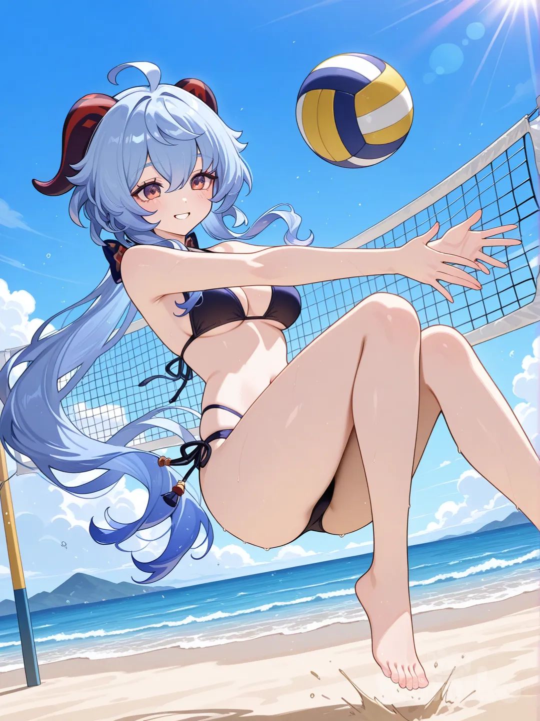 @Ganyu_(Genshin_Impact) buat ganyu sedang bermain volly di pantai