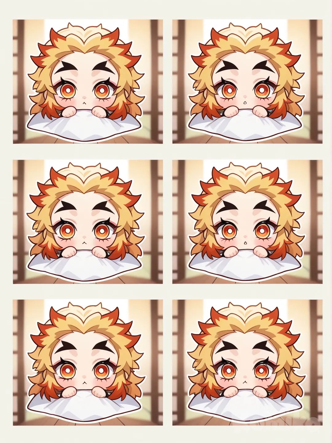 Character Sheet , Demon Slayer style, original character in the world of Demon Slayer, Baby,12 month old baby,Orange little hair,Yellow hair,Orange big adorable eyes,Looks like @Rengoku_Kyoujurou,Cute long lashes,Sleeping in clip adorable , blurred background, day,Sleeping in baby cradle.