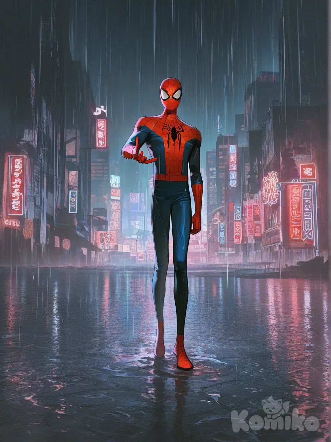 @Spider-Man, [high-contrast-glossy-style] bajo la lluvia