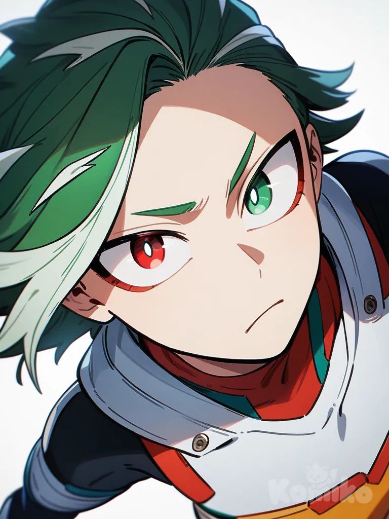 My Hero Academia, heterochromia, red eyes, green eyes, green hair, grey streaked hair, single character, full body, looking at viewer, anime style, simple background, white background
