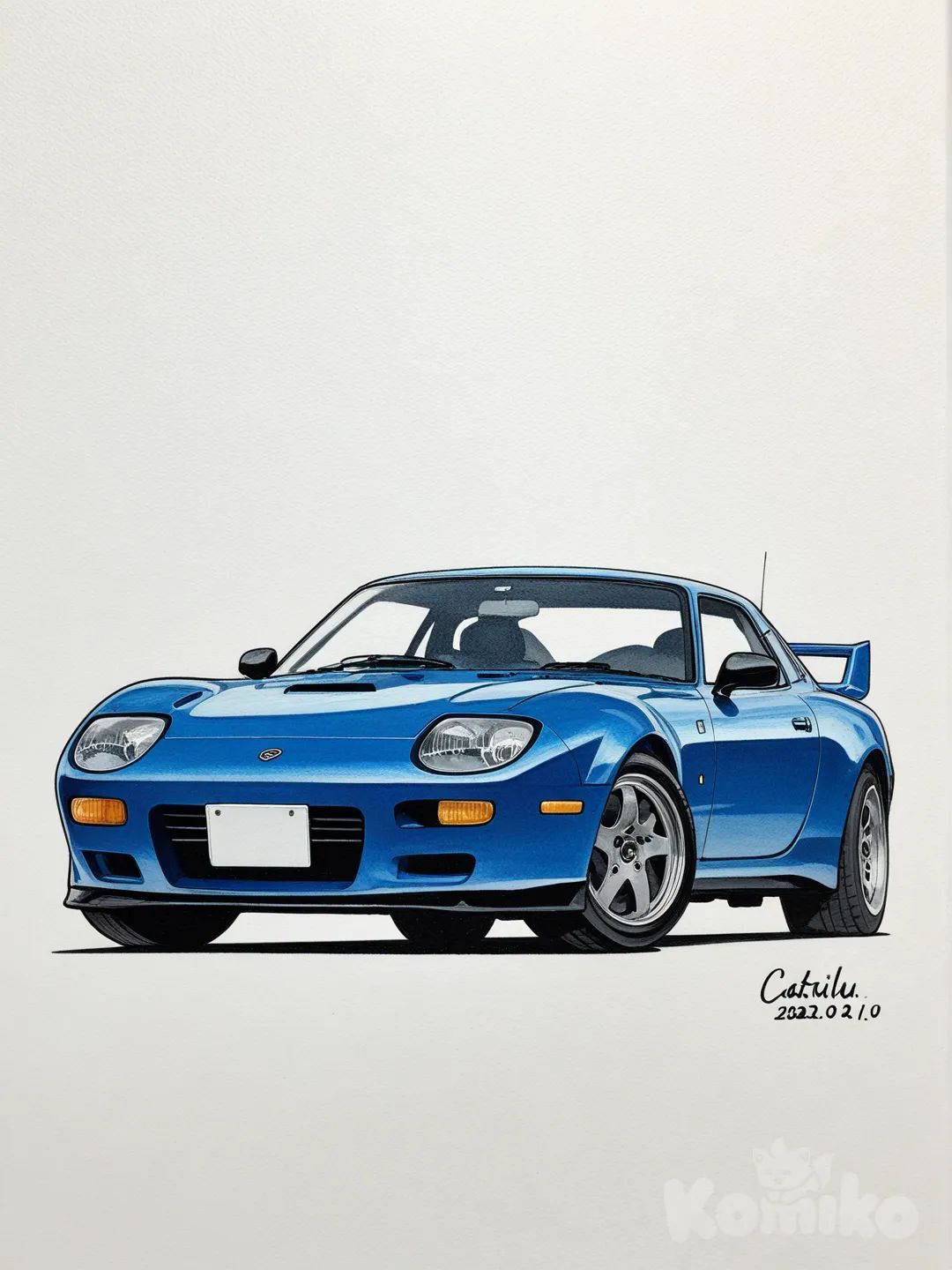 vehicle_focus, car, no_humans, ground_vehicle, motor_vehicle, sports_car, artist_name, traditional_media, signature, shadow, white_background, dated, Toyota_2000gt, [toon-shaded-style]