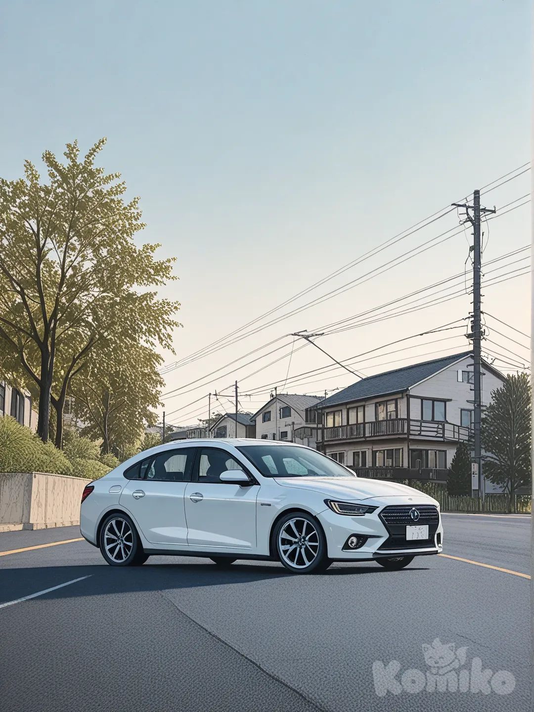 ground_vehicle, no_humans, motor_vehicle, car, outdoors, power_lines, window, vehicle_focus, scenery, building, tree, utility_pole, traditional_media, road, [toon-shaded-style]