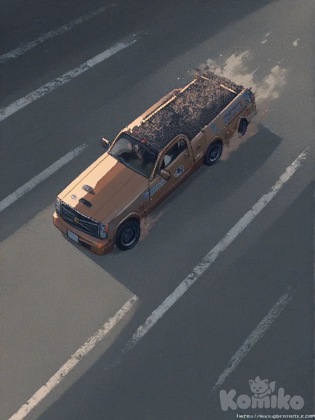 ground_vehicle, motor_vehicle, car, no_humans, watermark, vehicle_focus, web_address, truck, bus, english_text, scenery, buss, drifting, [soft-pixel-art-style]