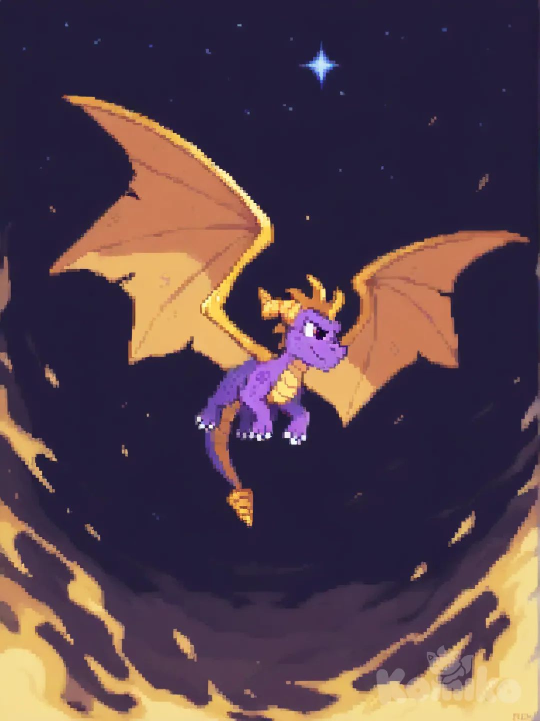 Spyro, dragón, fly, night, aura yellow, [soft-pixel-art-style]
