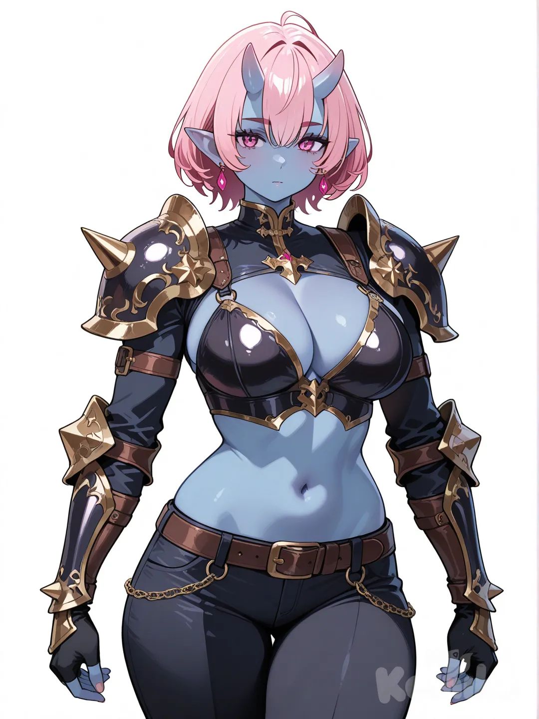 1girl, ogre girl, 4hands, colored_skin, solo, blue_skin, pointy_ears, earrings, pink_hair, gloves, jewelry, fingerless_gloves, navel, armor, pink_eyes, white_background, simple_background, looking_at_viewer, belt, short_hair, shoulder_armor, [glossy-anime-style]