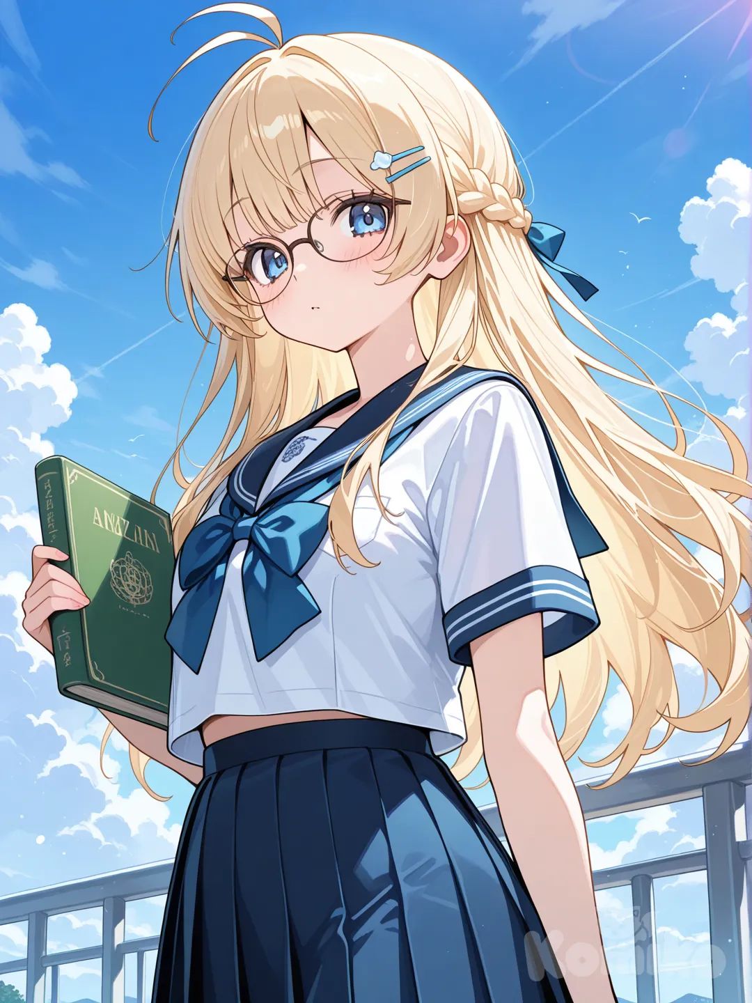 1girl, solo, glasses, blonde_hair, school_uniform, braid, blue_eyes, skirt, book, day, sky, hairclip, antenna_hair, long_hair, cloud, hair_ornament, [glossy-anime-style]