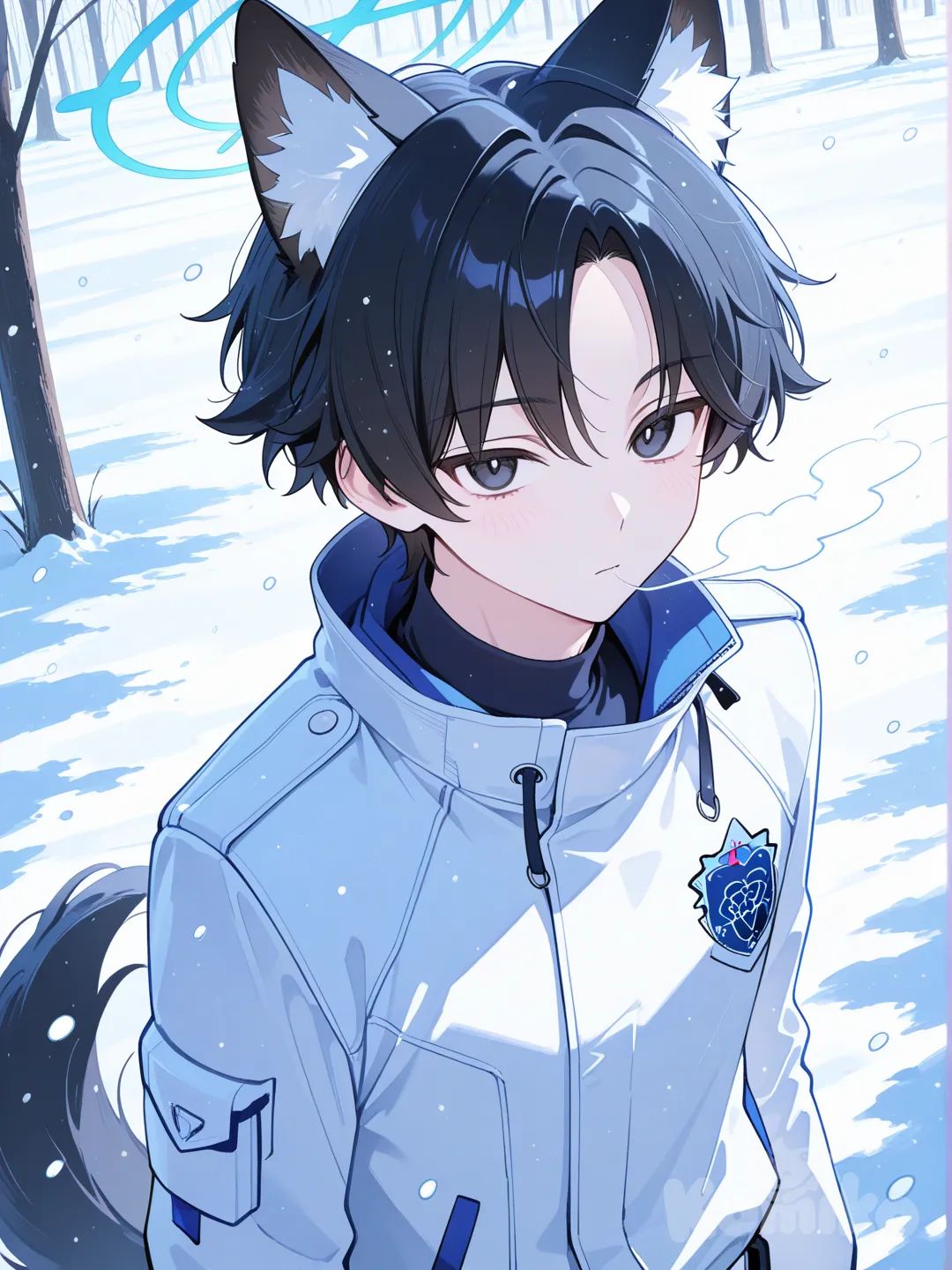 lelaki, rambut hitam garis putih,mata hitam,telinga serigala fenrir, background snow,ekor fenrir, outfit blue archive [sensei]