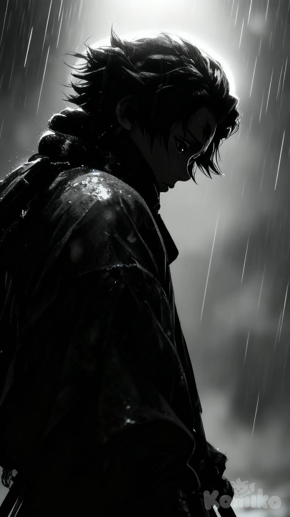 A dramatic anime-style silhouette of a young warrior standing in the rain, head slightly bowed in sorrow. Soft light from above creates a glowing rim-light around his hair and shoulders. Raindrops fall diagonally across the scene, adding movement and emotional weight. The background is blurred, misty, and monochrome with a cold, cinematic atmosphere. High-detail shading on the character’s wet cloak and hair, reflective highlights, melancholic mood, ultra-realistic anime rendering, high contrast, deep shadows, volumetric lighting.”