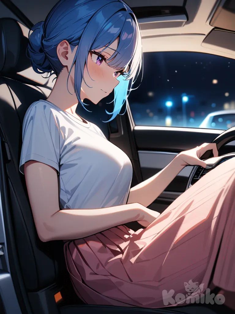 1girl,solo,cowboy shot,blue hair,upper body,car,Sitting in a seat,at midnight,medium breasts,White t-shirt, pink long skirt