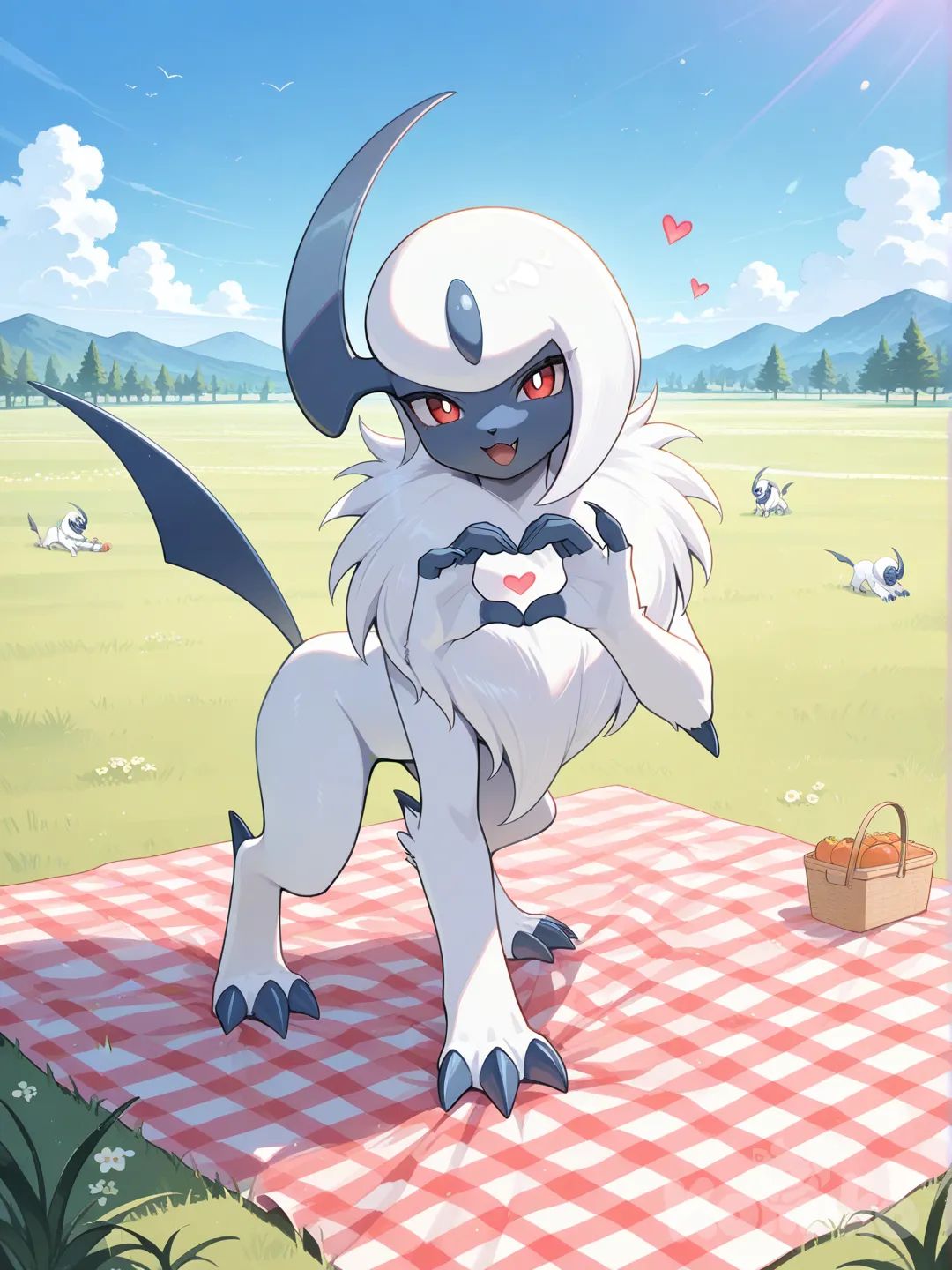 ABSOL , full body, day, blue sky, heart hands, picnic