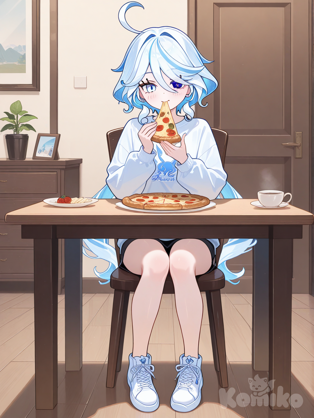 Furina comiendo pizza 