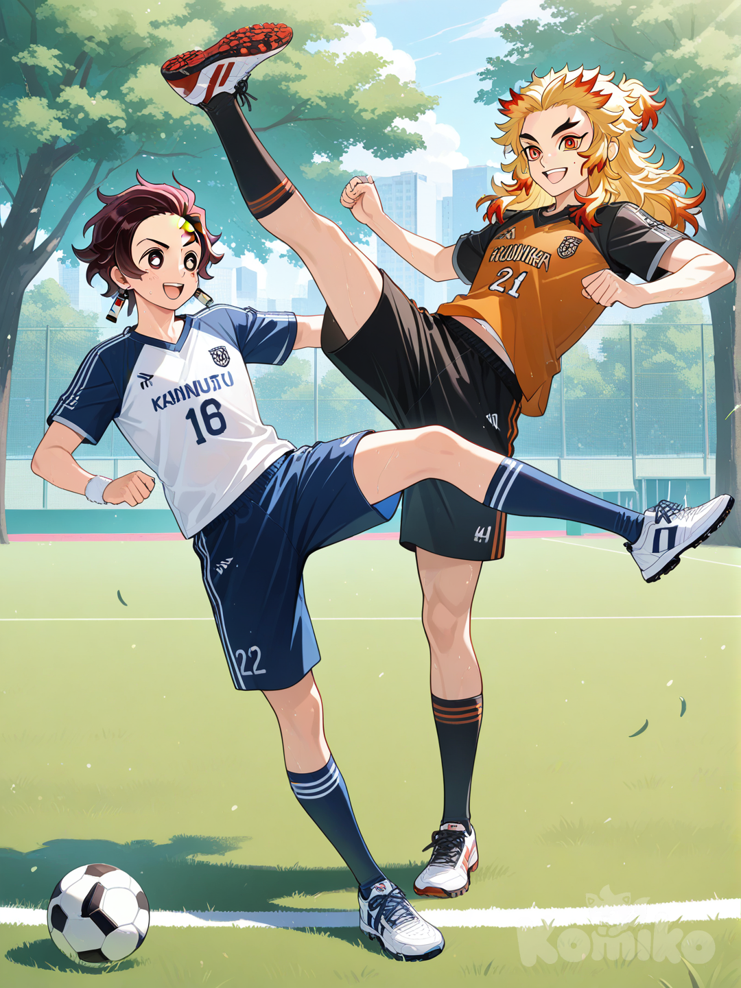Kamado y Rengoku jugando al fútbol