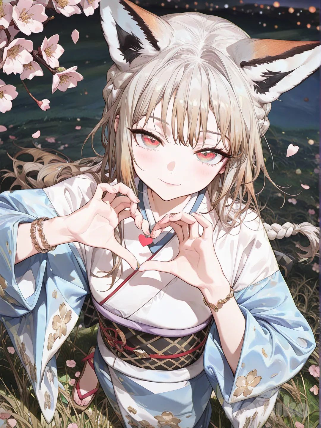 1girl, [high-gloss-illustration-style], neckkimono, sandals, sash, fox ears, bracelet, long hair, braid, selfie, heart hands, seductive smile, upper body, blurred background, from above, ambient light, dusk, night, moonlight, cherry blossoms, grassland